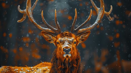   A tight shot of a deer adorned with antlers against a backdrop of snowflakes descending