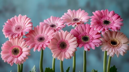   A collection of pink Gerbera daisies with verdant foliage against a blue-gray backdrop, featuring a blue sky overhead