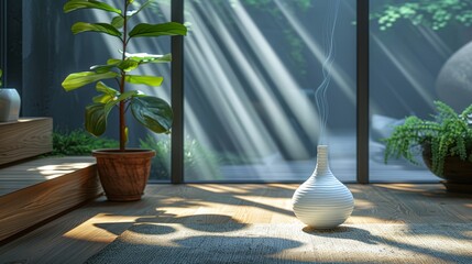   A white vase atop a wooden floor, beside a potted plant, before a window