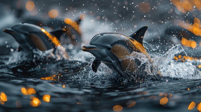   A tight shot of a dolphin swimming in water, dotted with numerous water droplets on its surface
