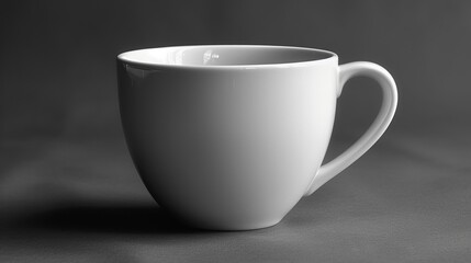   A white coffee cup atop a gray counter, nearby, a black-and-white photo frames the cup's lower half