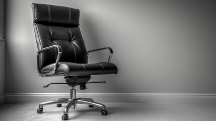  A monochrome image of a leather office chair against a wall backdrop