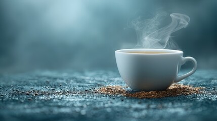   A steaming cup of coffee atop a table, accompanied by a mound of grounds nearby - obrazy, fototapety, plakaty