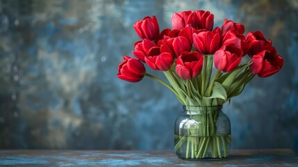  A red-tulip-filled vase atop a wooden table Nearby, a blue-gray wall