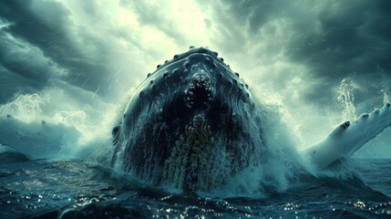   A giant whale is in the middle of a large body of water with its mouth widely open - obrazy, fototapety, plakaty
