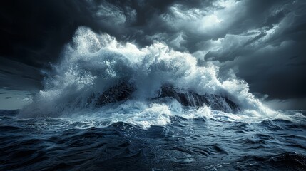   A large wave crashes over a mid-body rock, dark clouds loom ominously in the background - obrazy, fototapety, plakaty
