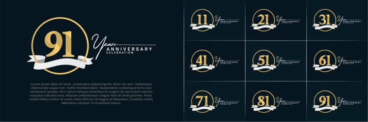 Set of Anniversary Logotype golden color with ring and white ribbon can be use for special day celebration