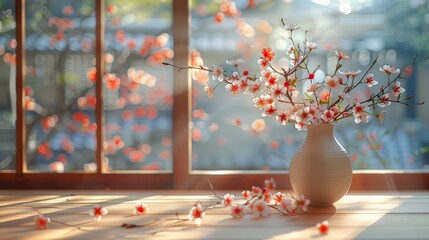   A vase holds white and red blooms atop a wooden table, near a window offering an outdoor view