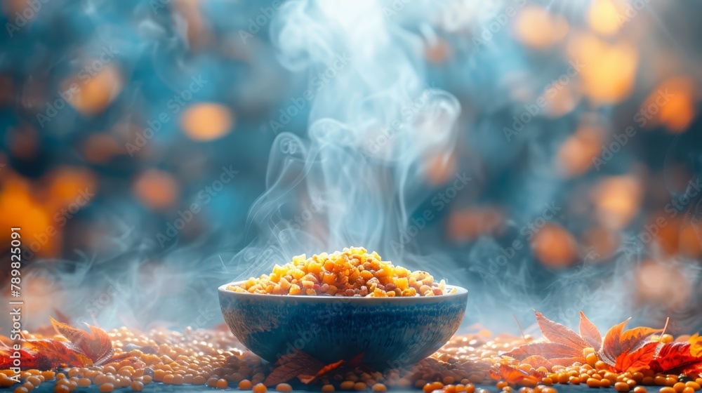 Wall mural a blue bowl holds food, placed on a table beside a mound of orange and red leaves