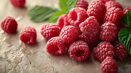   A table holds several raspberries nearby, a green plant with leafy foliage - obrazy, fototapety, plakaty