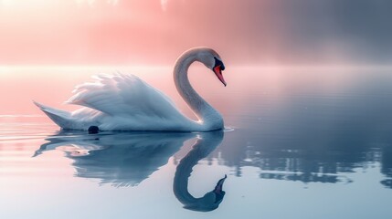   A white swan floats atop a tranquil body of water Nearby, a lush forest teems with green leaves on its trees