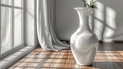   A white vase holds a flower, placed on a wooden floor Nearby, a window features white curtains
