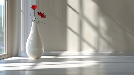   A white vase holds two red flowers It sits on a windowsill, alongside a window