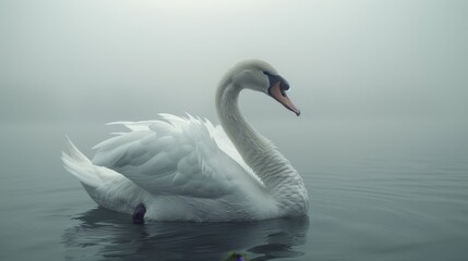   A white swan floats atop tranquil water amidst a foggy seascape - obrazy, fototapety, plakaty