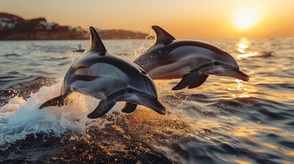   Two dolphins leap from the water against a backdrop of sunset and expansive body, featuring a boat in the distance