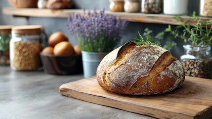   A loaf of bread on a wooden cutting board, nearby is a potted plant and some eggs