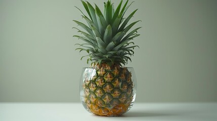   A pineapple in a glass vase on a white table, backed by a light green wall