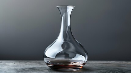   A glass vase sits on a wooden table, next to a bottle of wine Gray wall in the background - obrazy, fototapety, plakaty