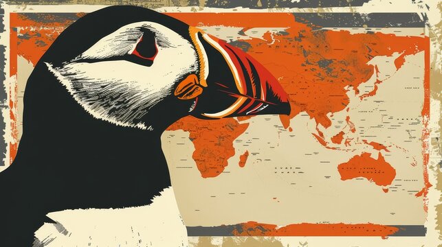   A puffin bird with a world map background behind its head