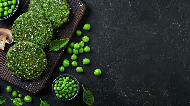   Peas, mushrooms, and broccoli are artfully arranged on a weathered wooden platter against a black background Broccoli florets feature green leaves