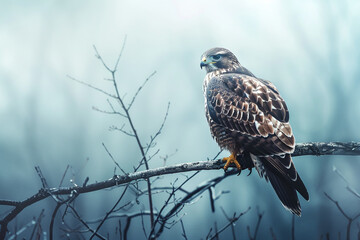 A sleek and stealthy hawk perched on a barren tree branch. - obrazy, fototapety, plakaty