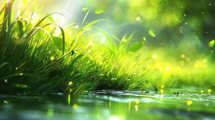   A tranquil stream of water, encircled by verdant, dewy grass The water's surface dotted with droplets of dew - obrazy, fototapety, plakaty