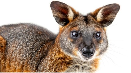   A tight shot of a brown-and-black animal against a white backdrop with a white wall in the distance