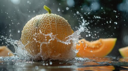 Melon falling into water with splash and drops of water on black background