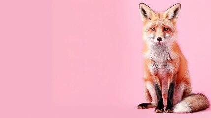   A red fox before a pink backdrop gazes at the camera, wearing a curious expression