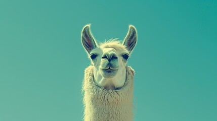 Obraz premium A tight shot of a llama's expressive face against a backdrop of a clear, blue sky dotted with gentle cloud formations