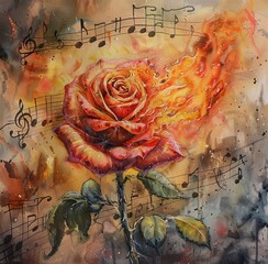   A painting of a rose on a musical score, with music notes intermixed