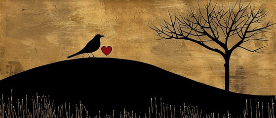 Obraz premium A bird atop a hill holds a heart in its beak beside a tree