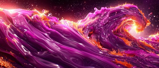   A black backdrop hosts a wave of purple and orange liquid, superimposed against a star-filled sky - obrazy, fototapety, plakaty