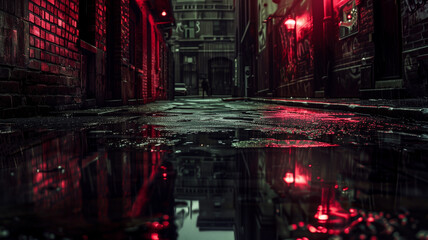 Rainy alley with red lights.