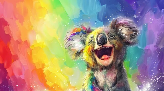   A koala laughs before a multicolored backdrop, adorned with stars and a paint splatter
