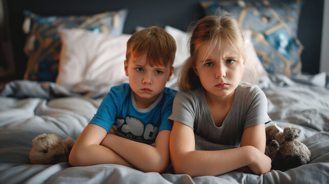 A boy and a girl are sitting on a bed looking upset.

