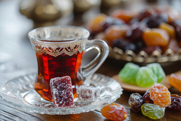 photo turkish delight with tea glass and dates