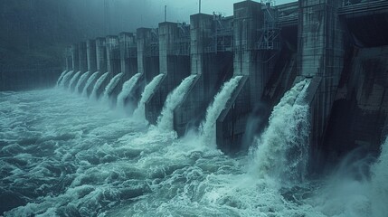 A depiction of a towering dam harnessing the power of a rushing river ,close-up,ultra HD,digital photography - obrazy, fototapety, plakaty