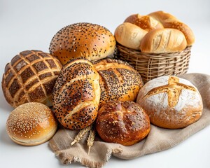 A cozy bakery scene with freshly baked bread and pastries displayed on a white background ,close-up,ultra HD,digital photography