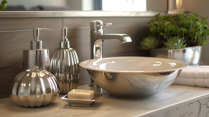 Miniature chrome bathroom accessories, adding sleek sophistication to the decor.