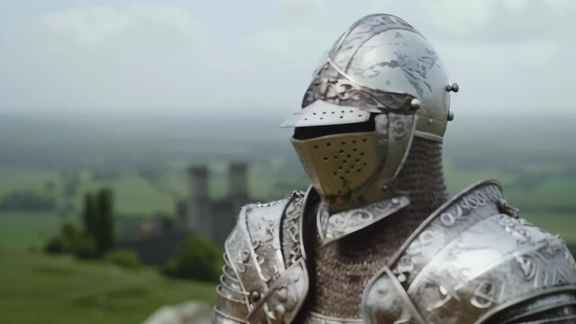 A stone statue of a medieval knight clad in intricate metal armor stands on a green hill. Helmet with visor covers the face. Blurred castle buildings in the background. 