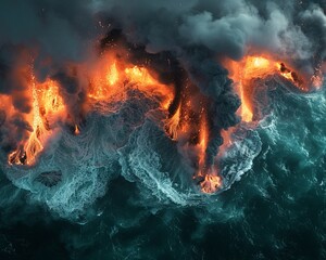 Fototapeta premium A mesmerizing contrast between the fiery volcanic activity and the serene, blue waters of the ocean, capturing the raw power of nature in motion ,close-up,ultra HD,digital photography