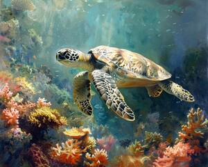 Obraz premium A peaceful turtle gracefully navigating through vibrant coral reefs , high resulution,clean sharp focus