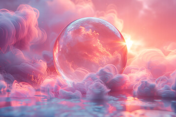 パステルカラーの背景に透明の球体の3Dレンダリング空間の背景 < Generative AI >