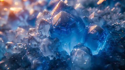 群青色のクリスタルとすりガラスが融合したホログラフィックの抽象的な3Dレンダリング < Generative AI >