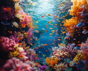 An underwater scene teeming with colorful coral reefs and exotic sea creatures ,close-up,ultra HD,digital photography