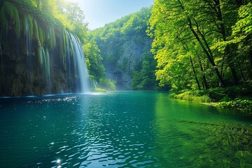 Stock image of Plitvice Lakes National Park, Croatia, cascading waterfalls and emerald lakes, lush greenery, natural beauty and tranquility