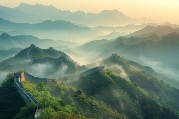 stock image of the Great Wall of China, snaking through misty mountains, early morning light, majestic and aweinspiring