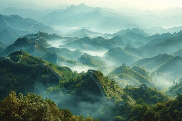 stock image of the Great Wall of China, snaking through misty mountains, early morning light, majestic and aweinspiring