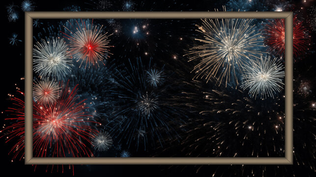 A celebratory frame adorned with fireworks and stars, ideal for New Year's Eve or Independence Day photos, with a blank center space for text